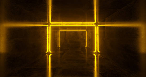 istock Sci Fi Futuristic Orange Glowing Neon Tubes Rectangle Shaped In Empty High Reflective Dark Conrete Corridor 3D Rendering 1008009578