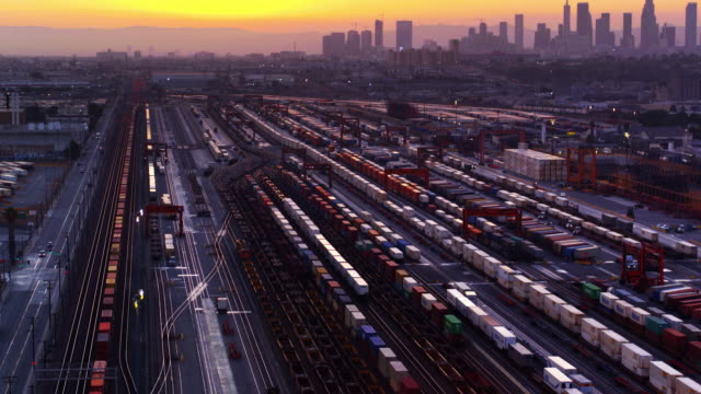 Drone Flight Over Intermodal Freight Terminal in Vernon, CA at Sunset
