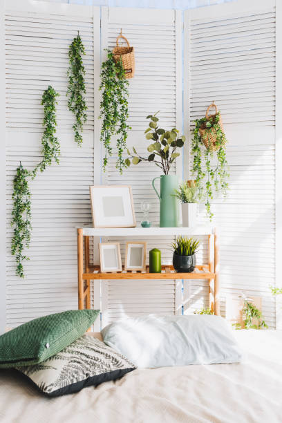 Cozy brightly lit room corner decorated with various objects such as picture frames, plants and pillows, vertical image