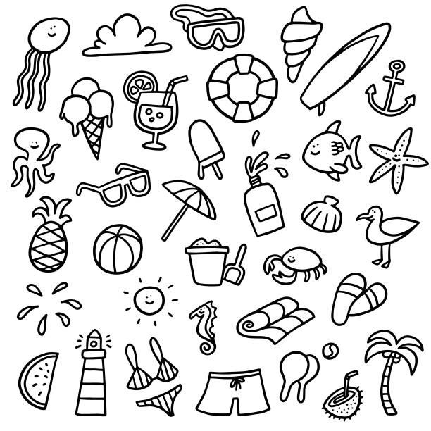 Summer Beach Doodle Icons Set of funny hand drawn beach summer icons doodle stock illustrations