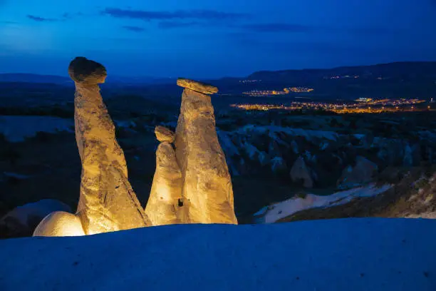 Rock hoodoo (or tent rock, fairy chimney) in night time. Cappadocia, Goreme