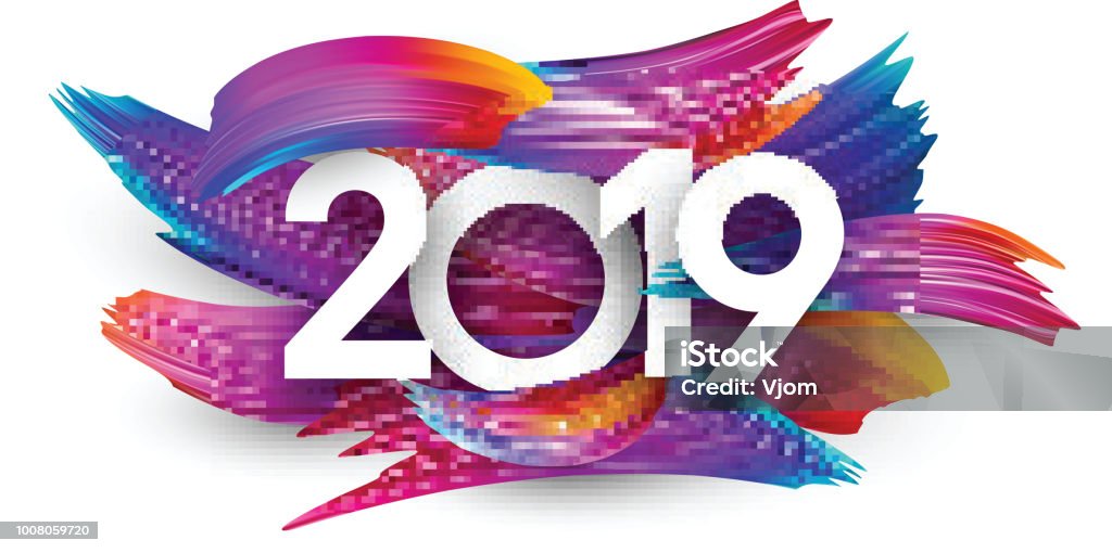 2019 new year festive background with colorful brush strokes. White 2019 new year background with spectrum brush strokes. Colorful gradient brush design. Greeting card or poster template. Vector paper illustration. Backgrounds stock vector