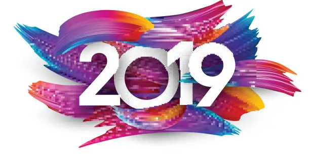 Vector illustration of 2019 new year festive background with colorful brush strokes.
