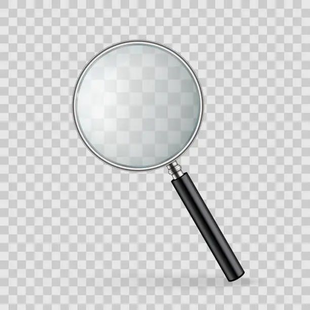 Vector illustration of Creative vector illustration of realistic magnifying glass isolated on transparent background. Art design search, inspection symbol. Abstract concept magnifier zoom, tool with hand lens element