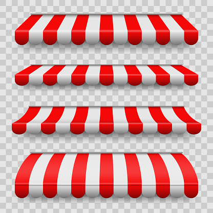 Creative vector illustration of colored striped awnings set for shop, restaurants and market store in different forms isolated on transparent background. Art design. Abstract concept graphic element.