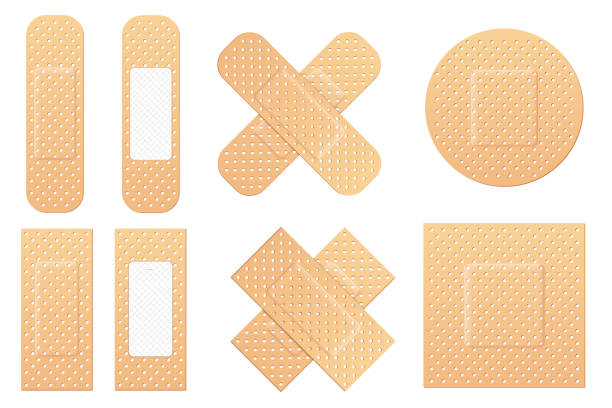 Creative vector illustration of adhesive bandage elastic medical plasters set isolated on transparent background. Art design medical elastic patch. Abstract concept graphic different shape element Creative vector illustration of adhesive bandage elastic medical plasters set isolated on transparent background. Art design medical elastic patch. Abstract concept graphic different shape element pain patch stock illustrations