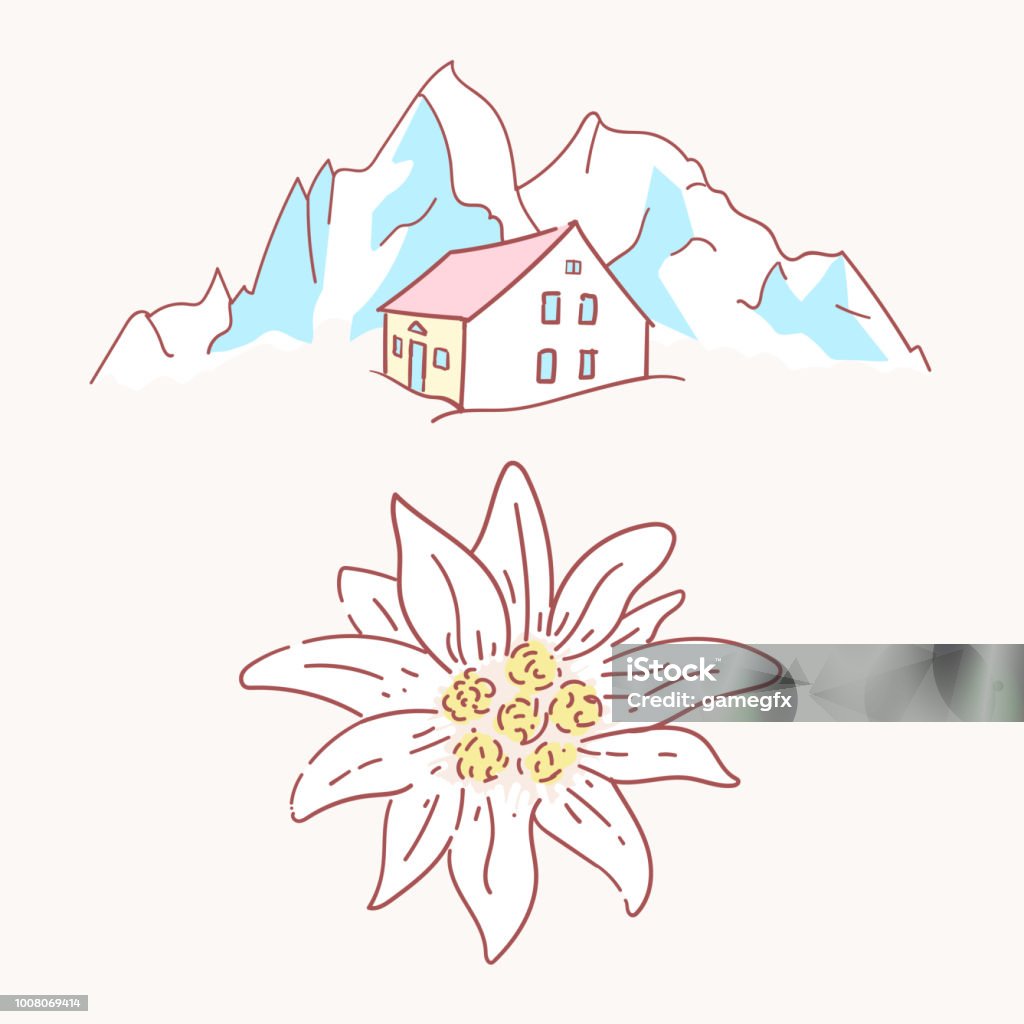 edelweiss chalet hut cabin mountains symbol alpinism alps germany logo edelweiss chalet hut cabin mountains symbol alpinism alps germany logo set Edelweiss - Flower stock vector