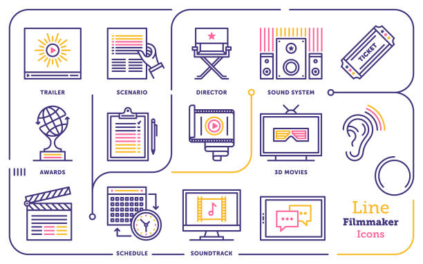 Filmmaker Line Icon Set Line vector illustration of film making. film trailer music stock illustrations