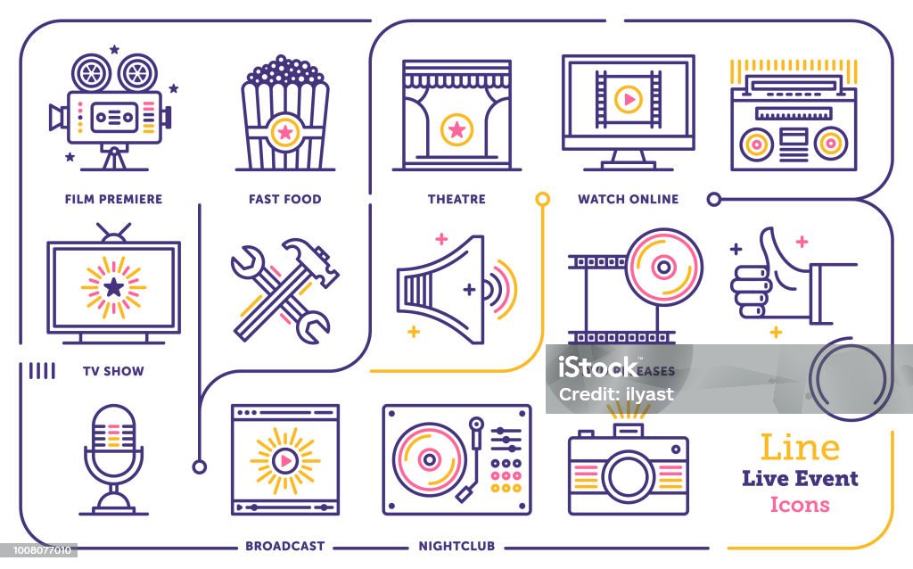 Live Events Line Icon Set Line vector illustration of live media events. Music stock vector