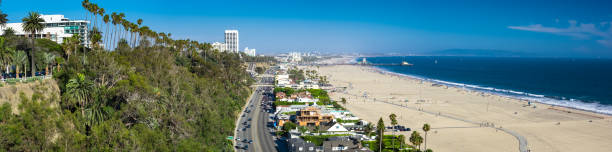 pacific coast highway in santa monica - aerial panorama - santa monica pier beach panoramic santa monica imagens e fotografias de stock