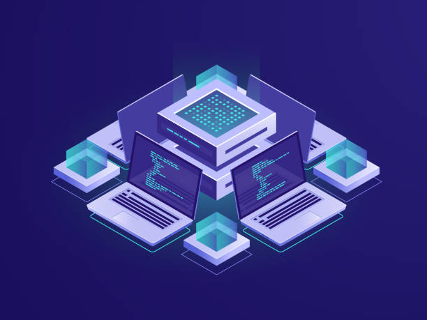 Artificial intelligence isometric icon, server room, datacenter and database concept, code repository access, programm app development vector neon Artificial intelligence isometric icon, server room, datacenter and database concept, code repository access, programm app development vector neon dark digital repository stock illustrations