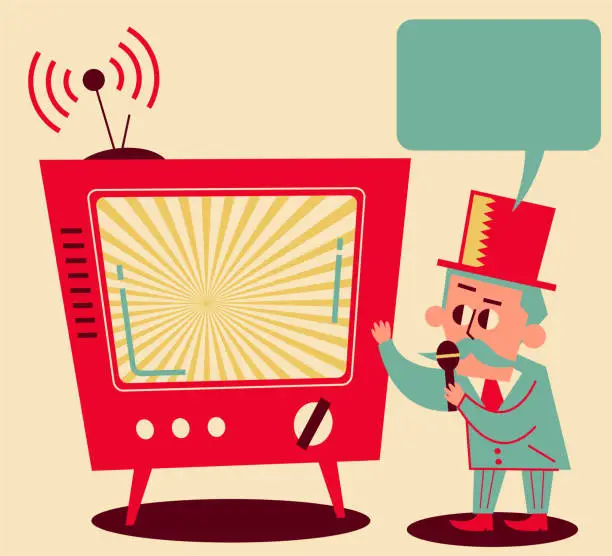 Vector illustration of Retro director talking with microphone, TV Shows