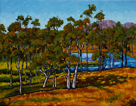 Dry Australian countryside with a dam providing lush grasses nearby. Original oil painting bu Judi Parkinson