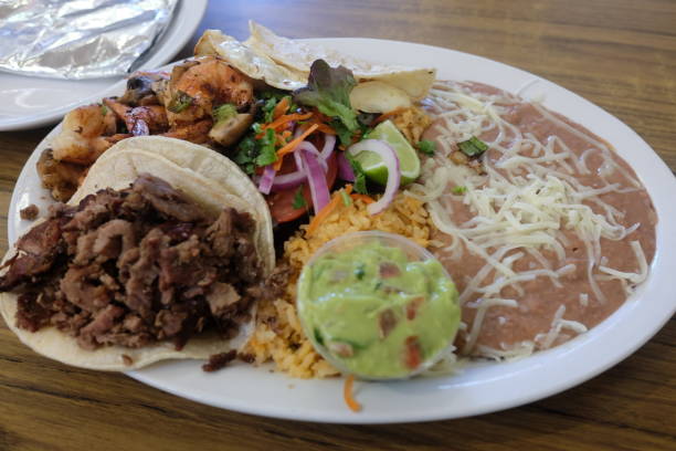 istock Beef, Shrimp Taco with white Bean paste and Guacamole 1008159140