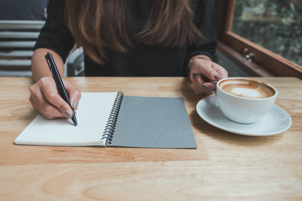 istock Closeup image of a woman's hand writing down on a white blank notebook while drinking coffee on wooden table 1008161390