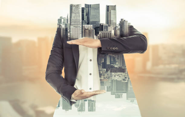 istock Surreal businessman open hand for your text. 1008220604