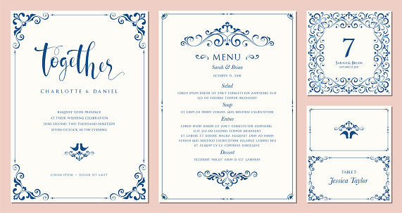 Ornate wedding invitation, table number, menu and place card. Swirl floral templates. Classic vintage design. Vector illustration.