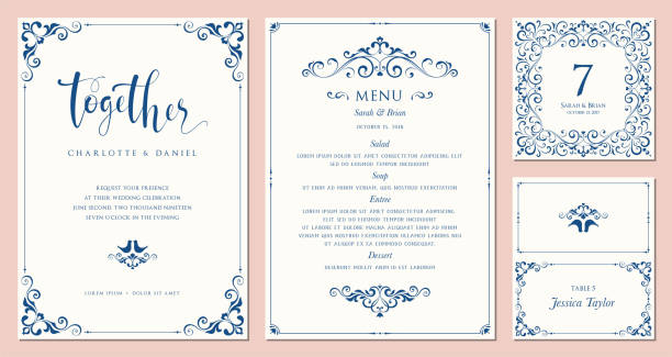 Ornate Cards Templates_01 Ornate wedding invitation, table number, menu and place card. Swirl floral templates. Classic vintage design. Vector illustration. menu stock illustrations
