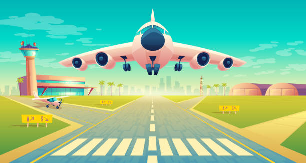 ilustraciones, imágenes clip art, dibujos animados e iconos de stock de despegue de vector de avión en la pista de aterrizaje - takeoff