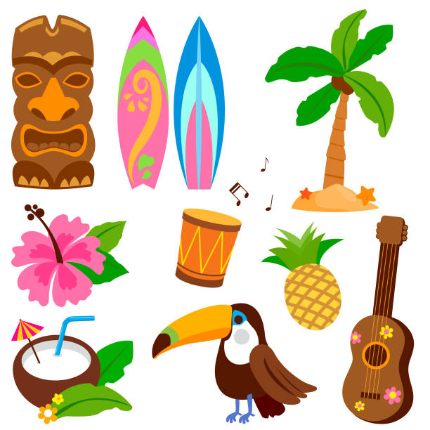 ilustraciones, imágenes clip art, dibujos animados e iconos de stock de colección de vector hawaiano - hawaii islands summer surfboard tropical climate