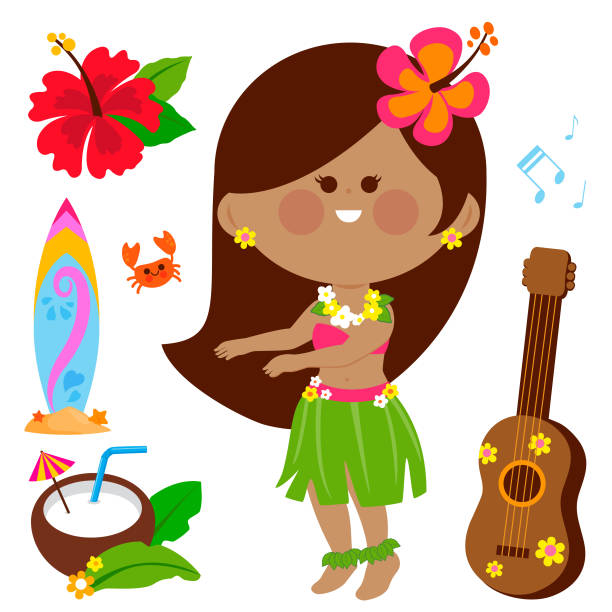 гавайская девушка-хула. вектор гавайи коллекция - grass skirt stock illustrations