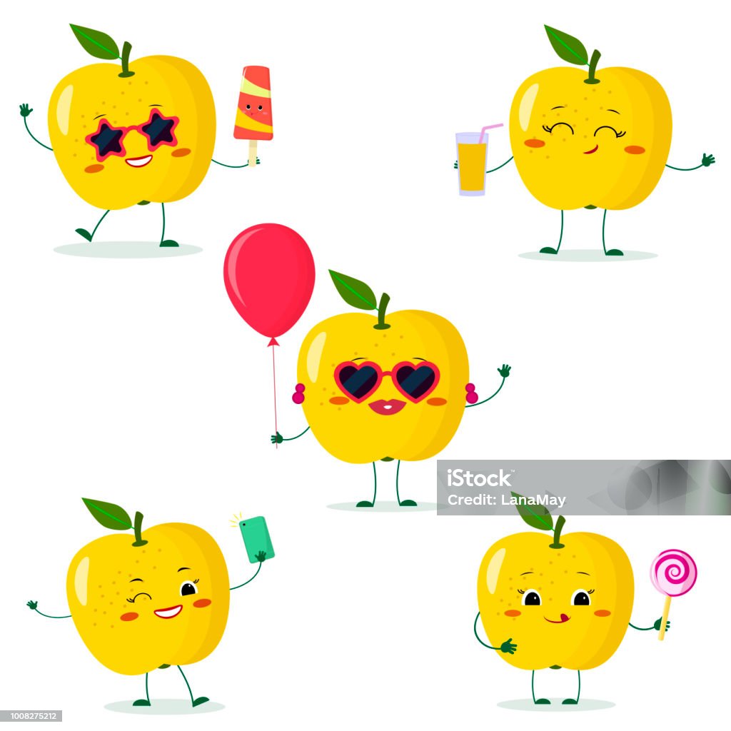 Ilustración de Un Conjunto De Cinco Manzana Amarilla Smiley En Diferentes  Poses En Un Estilo De Dibujos Animados y más Vectores Libres de Derechos de  Comida sana - iStock