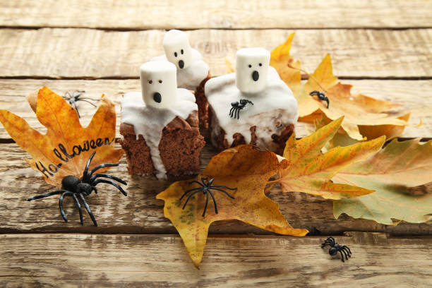 istock Halloween cookies with marshmallows and spiders on wooden table 1008277496