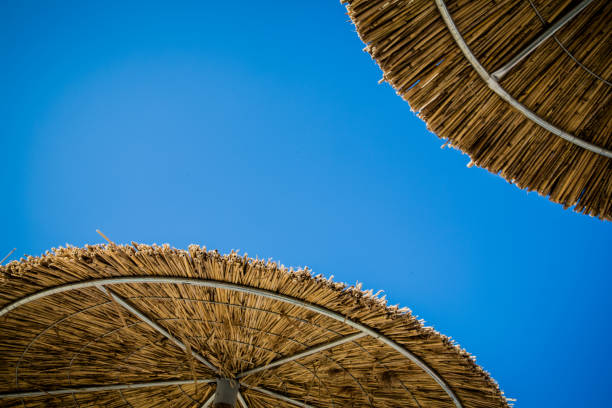 istock Wooden beach umbrella under the blue sky 1008277690