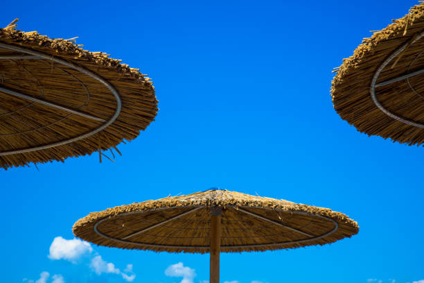 istock Wooden beach umbrella under the blue sky 1008277816