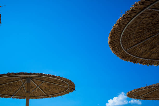 istock Wooden beach umbrella under the blue sky 1008278130