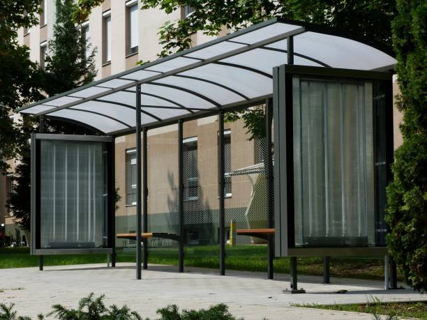 bus shelter of modern design in residential setting stock photo