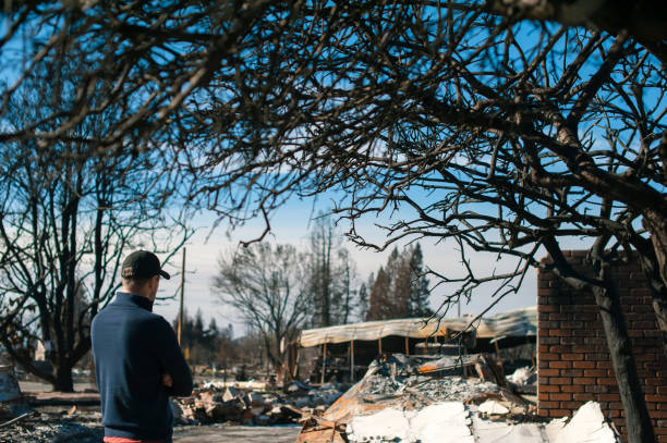 istock Man owner checking burned and ruined house 1008287968