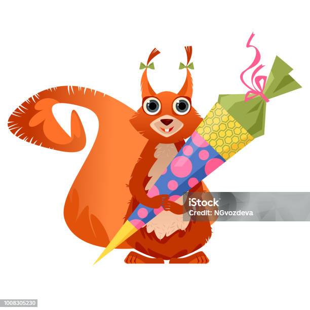 Cute Squirrel Holding Traditional German Candy Cone In The Paws On The First School Day Stock Illustration - Download Image Now