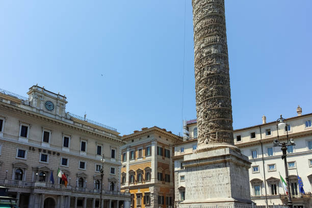 Amazing view of Marcus Aurelius Column and Palazzo Chigi in city of Rome, Italy stock photo