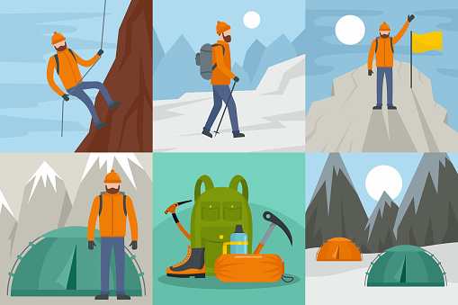 Mountaineering equipment man banner concept set. Flat illustration of 6 mountaineering equipment man vector banner horizontal concepts for web