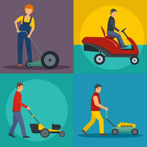 illustrazioni stock, clip art, cartoni animati e icone di tendenza di set di concetto banner del servizio tosaerba, stile piatto - rotary mower illustrations