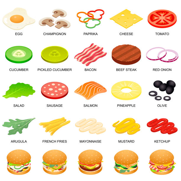 stockillustraties, clipart, cartoons en iconen met hamburger ingrediënt iconen set, isometrische stijl - chorizo