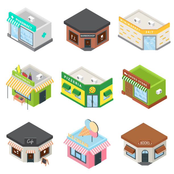 Store facade front shop icons set, isometric style Store facade front shop icons set. Isometric illustration of 9 store facade front shop vector icons for web pharmacy store stock illustrations