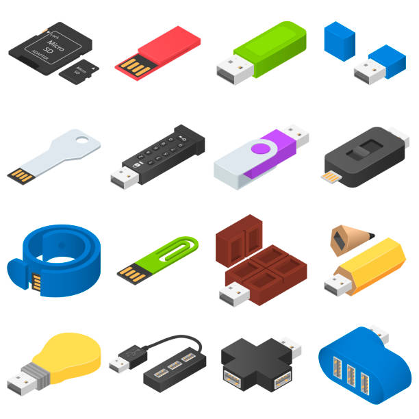 usb 플래시 드라이브 아이콘을 설정, 아이소메트릭 스타일 - usb flash drive data symbol computer icon stock illustrations