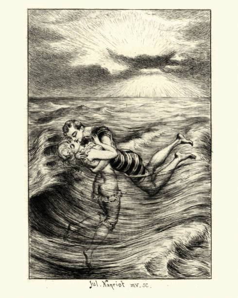 ilustrações, clipart, desenhos animados e ícones de jovem casal beijando enquanto no mar, francês, século xix - old fashioned swimwear couple retro revival