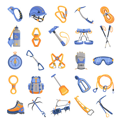 Mountaineering equipment icons set. Cartoon illustration of 16 mountaineering equipment vector icons for web