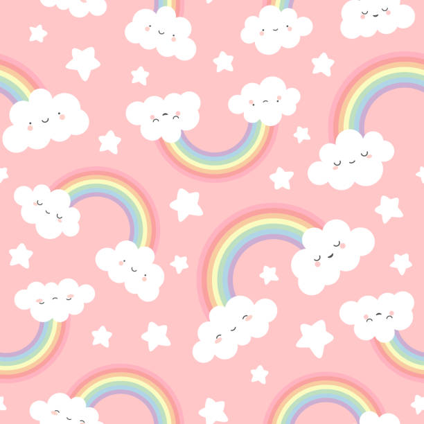 Print Cloud Background, Rainbow Seamless Pattern, Cartoon Vector Illustration,  Sky Background for Kid pastel colored illustrations stock illustrations