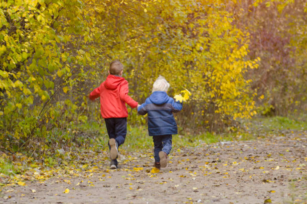 istock Two boys walking in the autumn park. Sunny day. Back view 1008340124