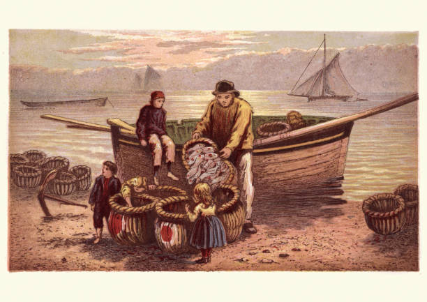 illustrazioni stock, clip art, cartoni animati e icone di tendenza di pescatore vittoriano che scarica la sua cattura, xix secolo - nautical vessel fishing child image