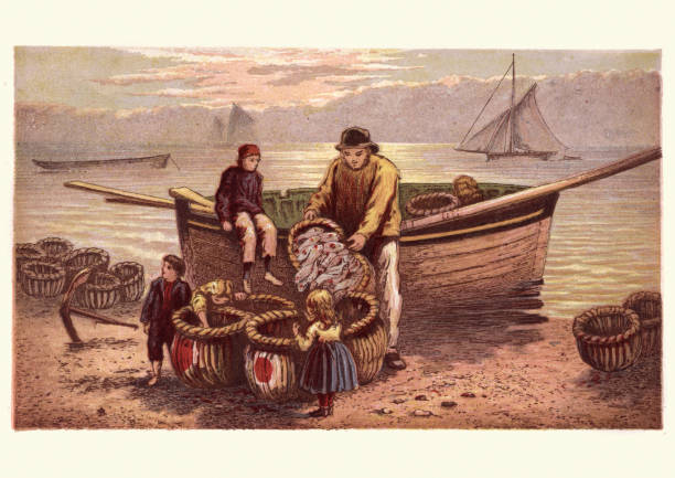 wiktoriański rybak rozładowujący swój połów, xix wiek - nautical vessel fishing child image stock illustrations
