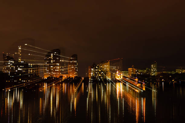 night city in motion of light lines close up
