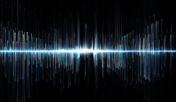 Horizontal illustration of blue and orange soundwaves