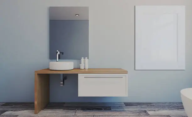 Spacious bathroom in gray tones with heated floors, freestanding tub. 3D rendering.. Blank paintings.  Mockup.