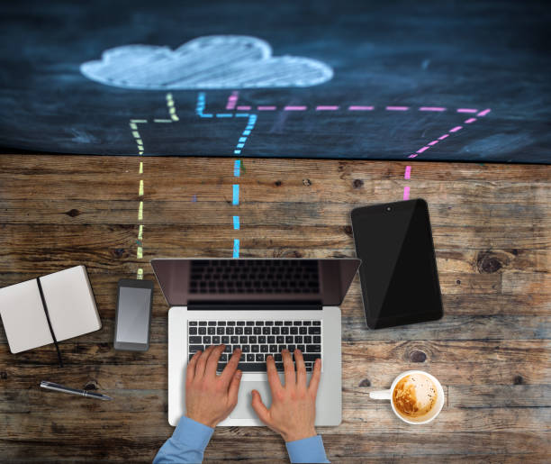 working in the cloud - blackboard cloud global communications cloud computing imagens e fotografias de stock