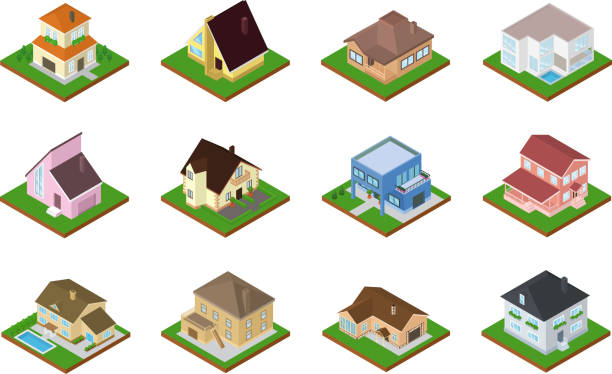 House vector isometric housing architecture or residential home illustration set of housekeeping building exterior or cottage construction isolated on white background vector art illustration